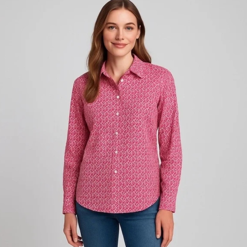 Talbots Fuchsia Heart Pattern Button Down Shirt